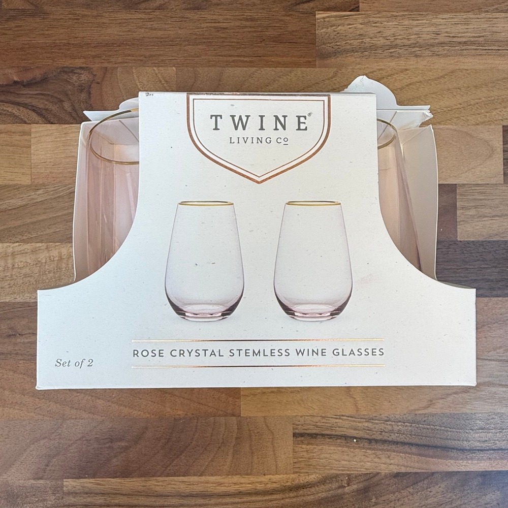 Twine Living Co Rose Crystal Stemless Wine Glasses Gold Rim Set of 2 18oz NEW